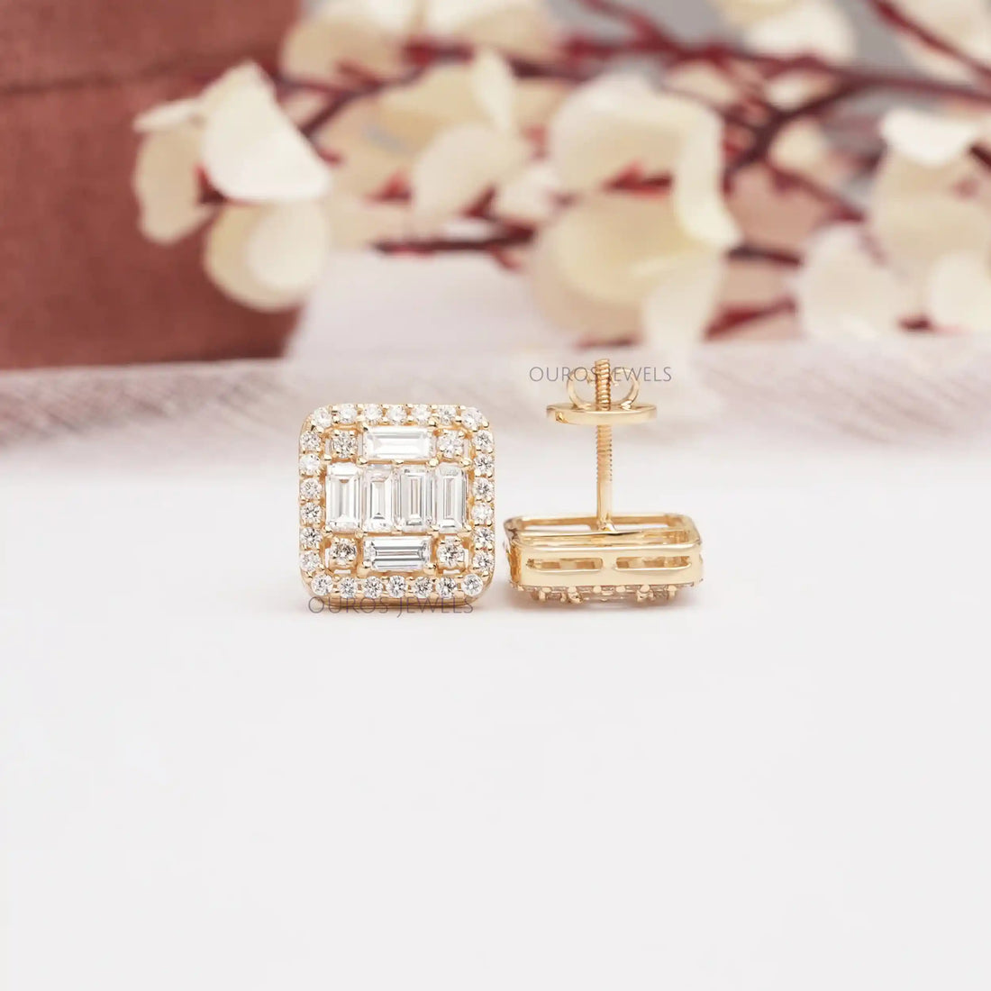 Baguette And Round Cut Lab Diamond Halo Stud Earrings Earrings