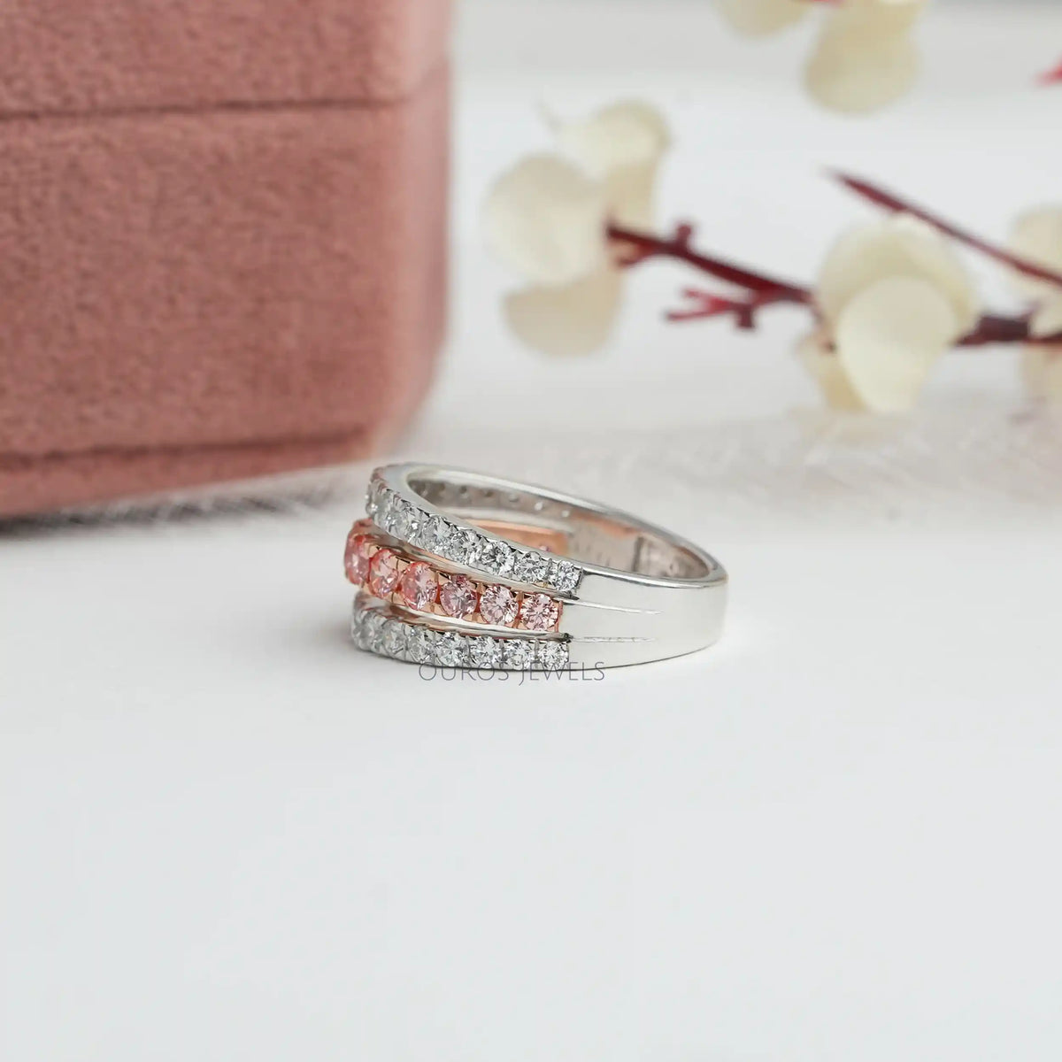Pink Round Cut Lab Grown Diamond Triple Row Band