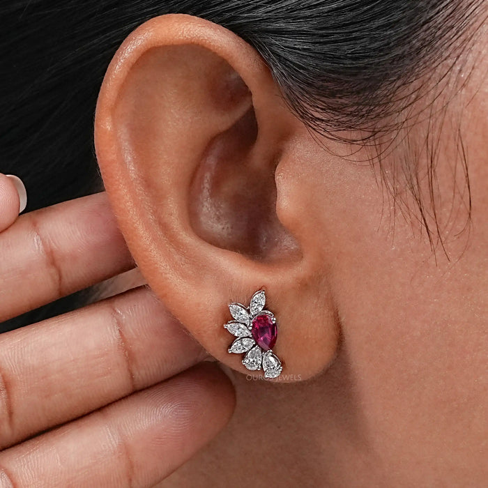 Pear Ruby Gemstone And Marquise Diamond Earrings 