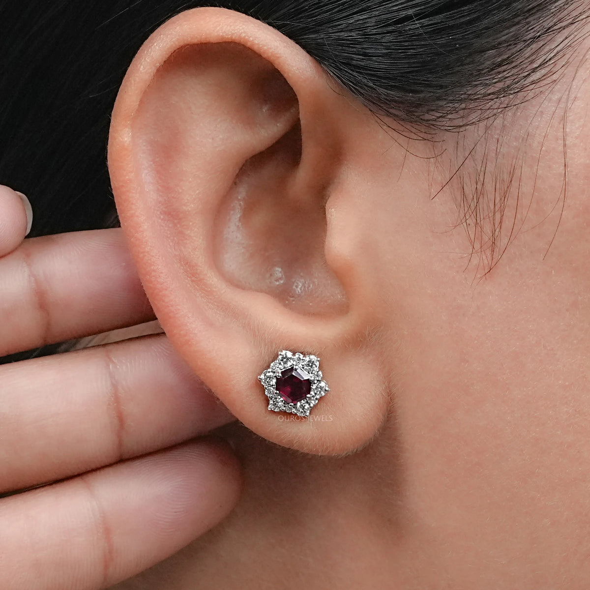 Floral Hexagon Cut Red Ruby Gemstone Cluster Stud Earrings Earring