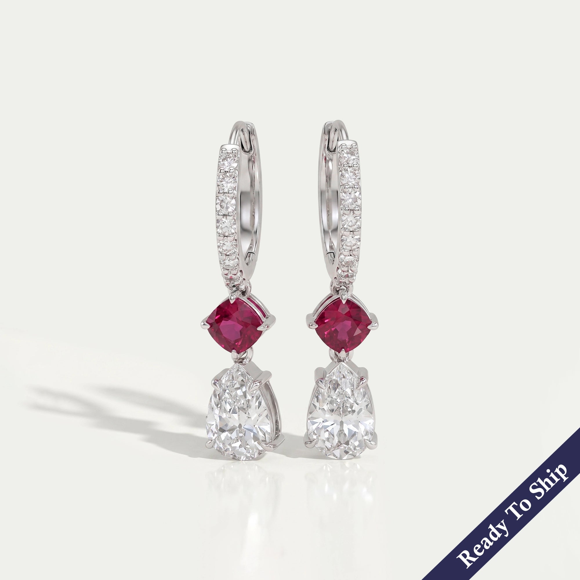 Old Mine Pear Diamond And Ruby Cushion Drop Hoop Earrings Earrings