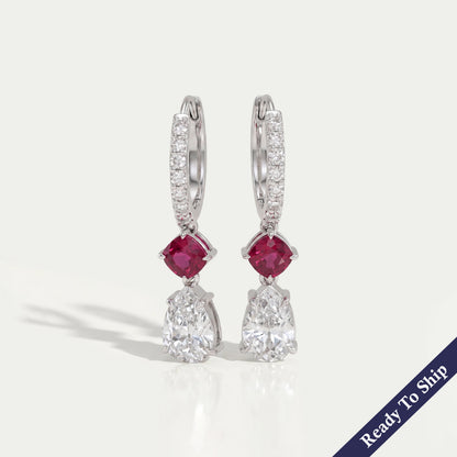 Old Mine Pear Diamond And Ruby Cushion Drop Hoop Earrings Earrings