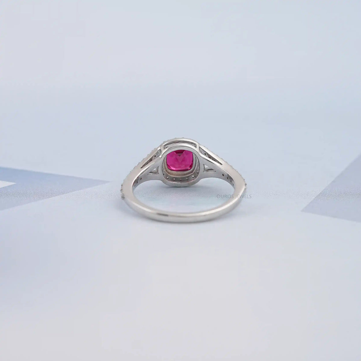 Ruby Cushion Gemstone Split Shank Halo Ring