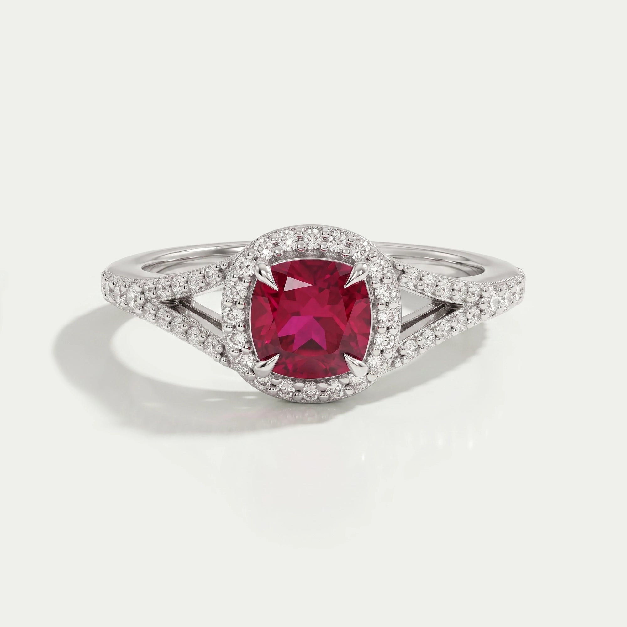 Cushion Cut Red Ruby Split Shank Halo Engagement Ring
