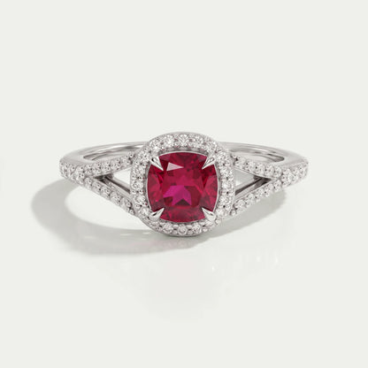 Cushion Cut Red Ruby Split Shank Halo Engagement Ring