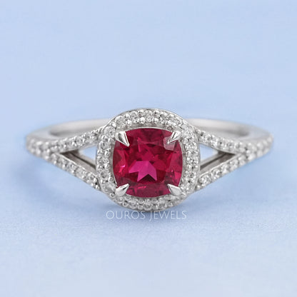 Cushion Cut Red Ruby Split Shank Halo Engagement Ring Ring