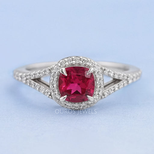 cushion cut red ruby halo split shank engagement ring's front view