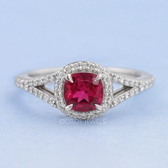Cushion Cut Red Ruby Split Shank Halo Engagement Ring