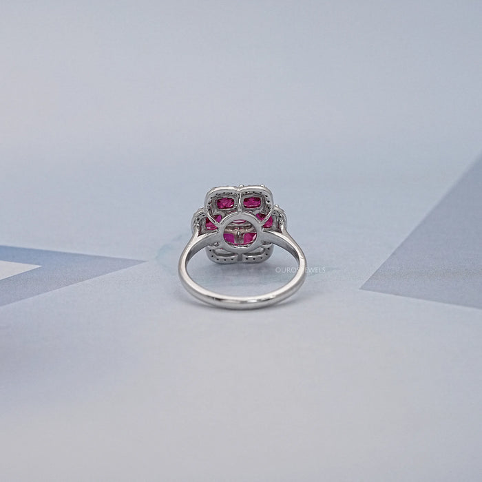 Red Ruby Cushion & Diamond Flower Halo Ring