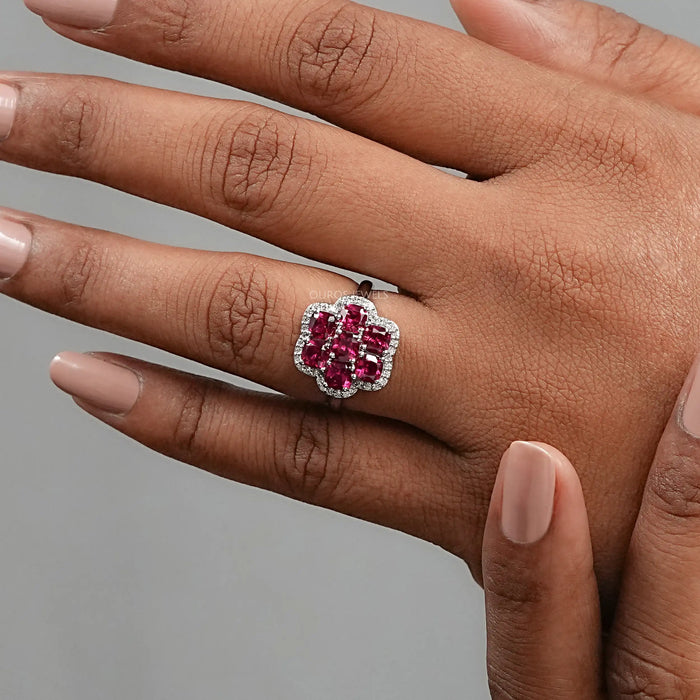 Red Ruby Cushion & Diamond Flower Halo Ring