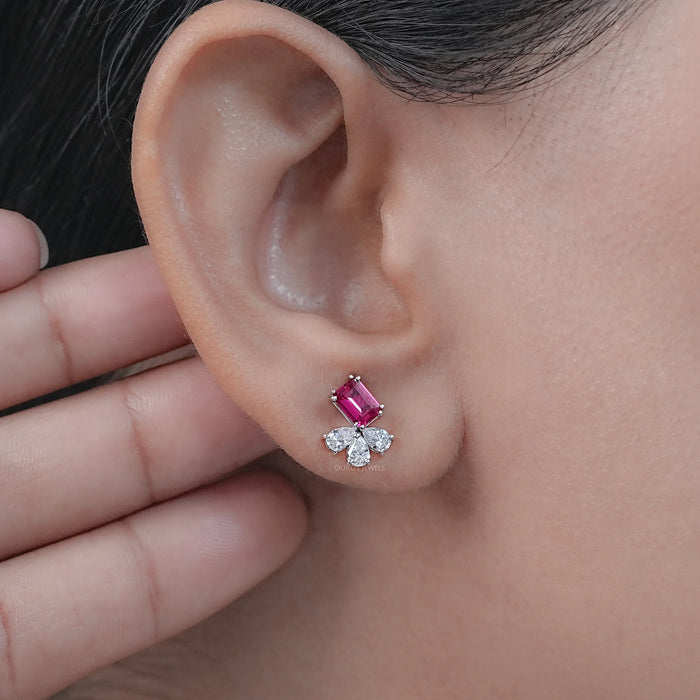 Ruby Emerald Gemstone And Pear Diamond Earrings