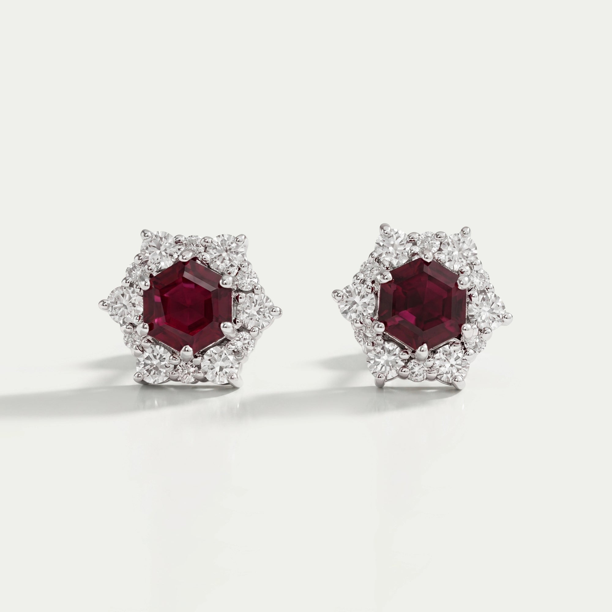 Floral Hexagon Cut Red Ruby Gemstone Cluster Stud Earrings