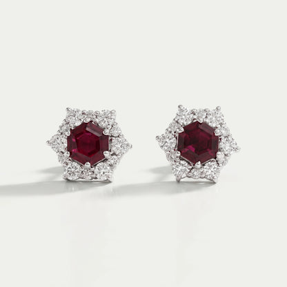 Floral Hexagon Cut Red Ruby Gemstone Cluster Stud Earrings