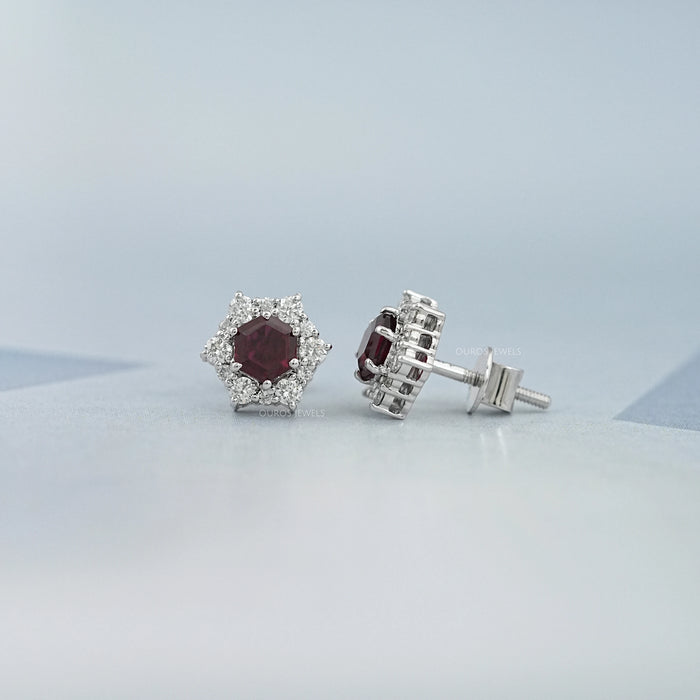 Floral Hexagon Cut Red Ruby Gemstone Cluster Stud Earrings
