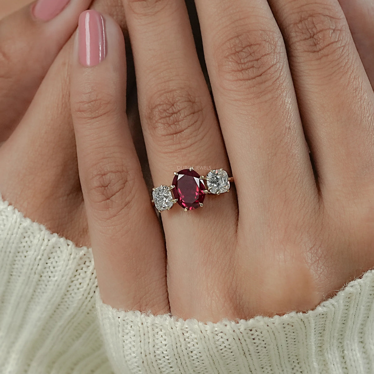 Three Stone Ruby Oval Gemstone Engagement Ring Ring