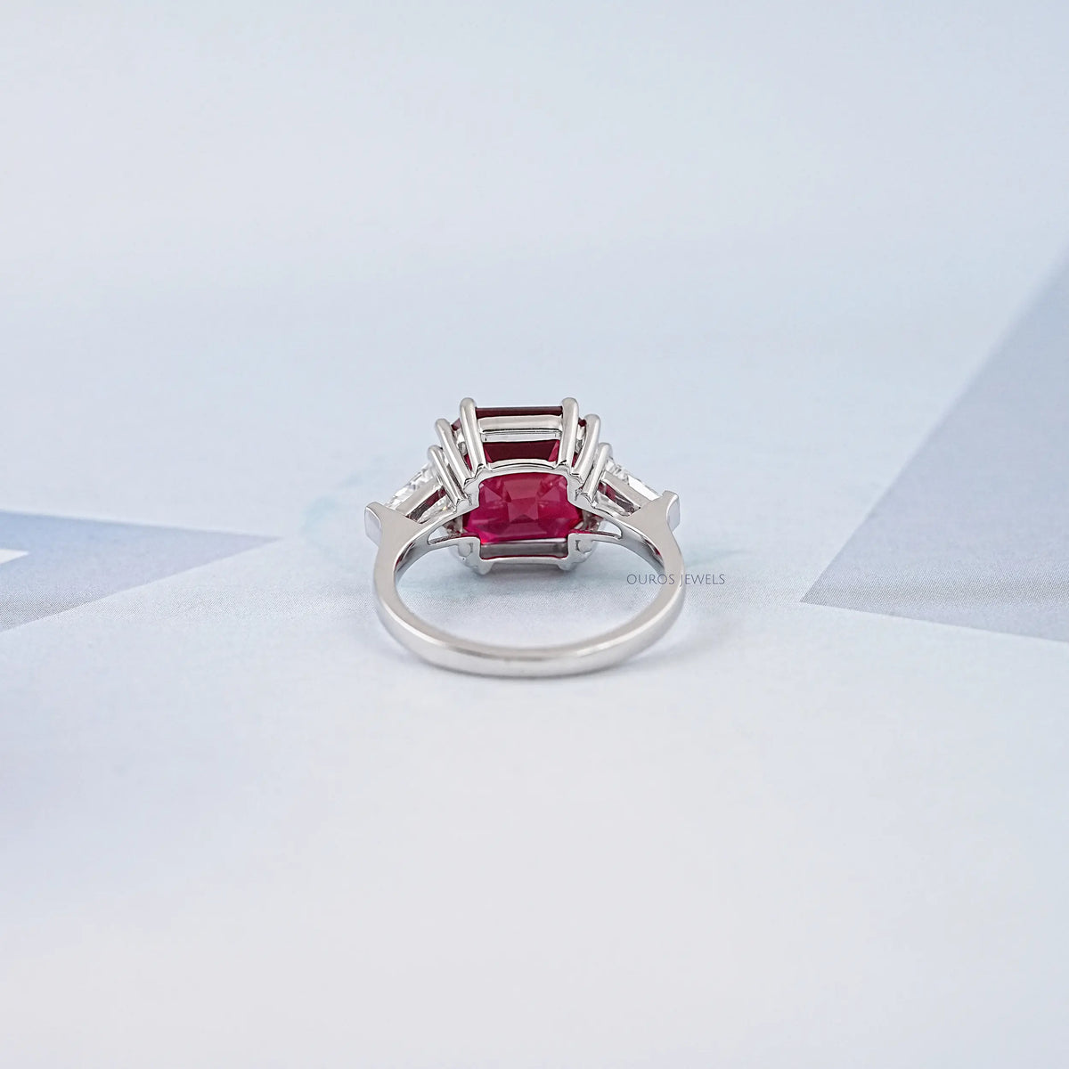 Three Stone Ruby Asscher Gemstone Engagement Ring