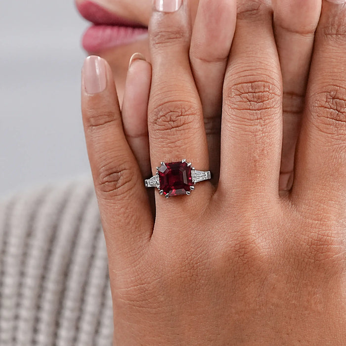 Asscher Cut Ruby Gemstone Tri Stone Ring