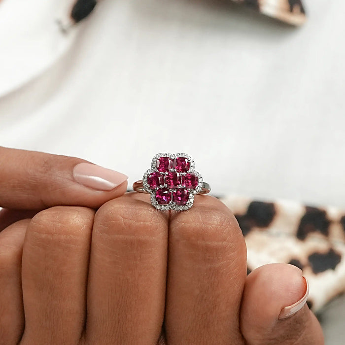 Red Ruby Cushion & Diamond Flower Halo Ring