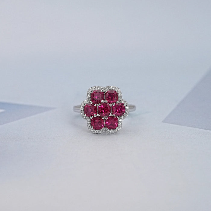 Red Ruby Cushion & Diamond Flower Halo Ring