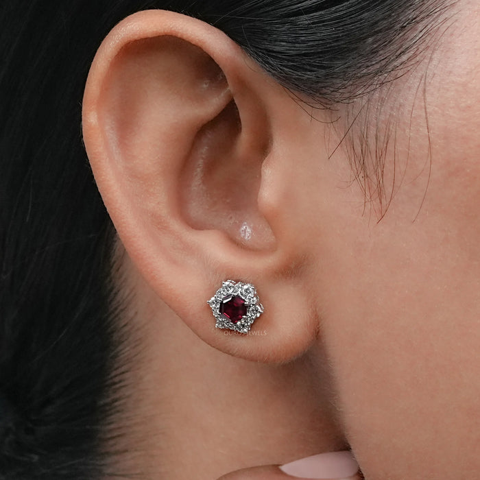 Floral Hexagon Cut Red Ruby Gemstone Cluster Stud Earrings