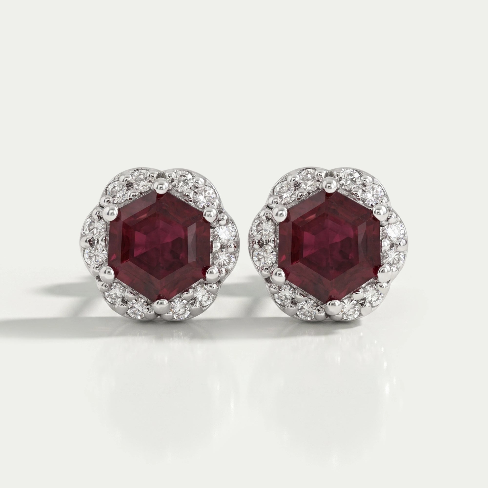 Hexagon Cut Red Ruby Gemstone Halo Stud Earrings