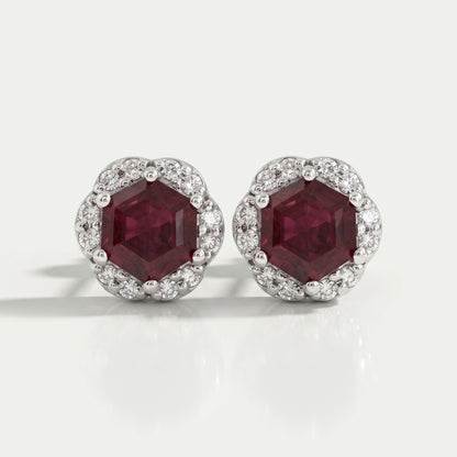 Hexagon Cut Red Ruby Gemstone Halo Stud Earrings