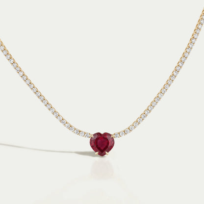 Ruby Heart And Round Diamond Tennis Necklace
