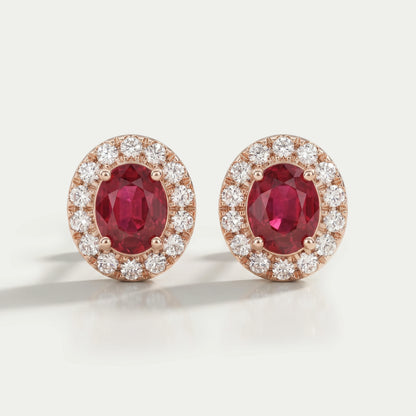 Ruby Oval Gemstone Halo Set Stud Earring
