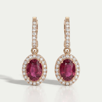 Ruby Oval Cut Halo Drop Dangle Earrings