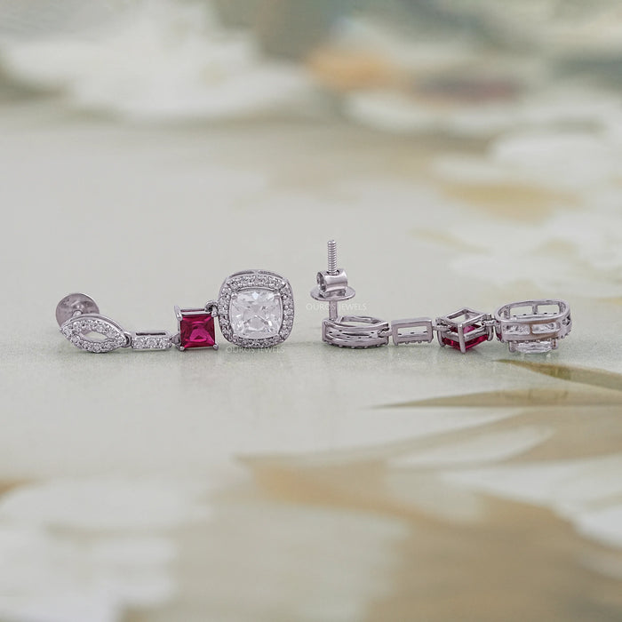 Ruby Princess Old Mine Cushion Cut Halo Dangle Earrings