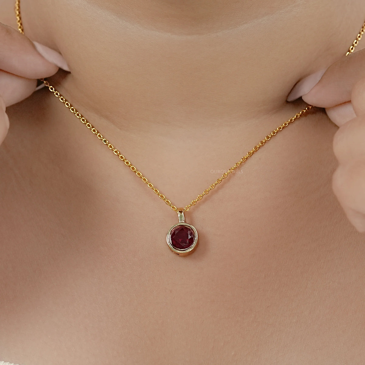 Pigeon Blood Ruby Round Gemstone Bezel Pendant Necklaces
