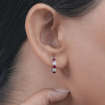 Multi Gemstone And Round Diamond In-Out Hoop Earrings