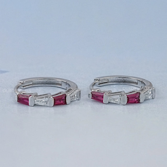 Ruby Tapered Baguette And Lab Diamond Hoop Earrings