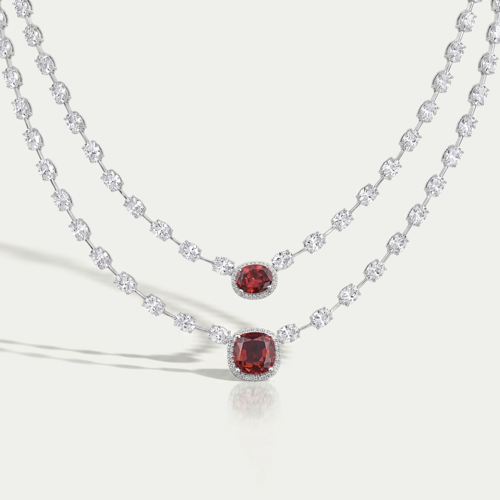 Double Layer Ruby Cushion And Oval Halo Tennis Necklace