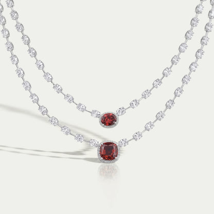 Double Layer Ruby Cushion And Oval Halo Tennis Necklace