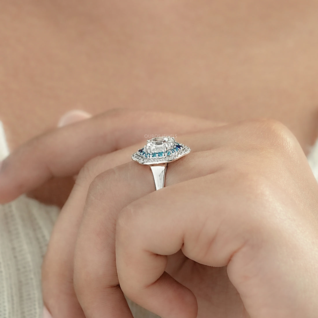 Old Mine Asscher Diamond And Gemstone Double Halo Ring Rings