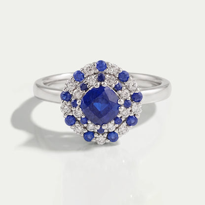 Cushion Sapphire Double Halo Engagement Ring 