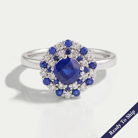 Blue Cushion Cut Lab Gemstone Double Halo Ring Ring