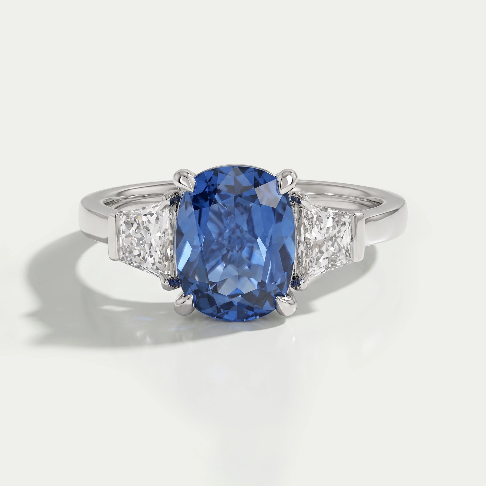 Sapphire Cushion Gemstone With Trapezoid Diamond  Ring