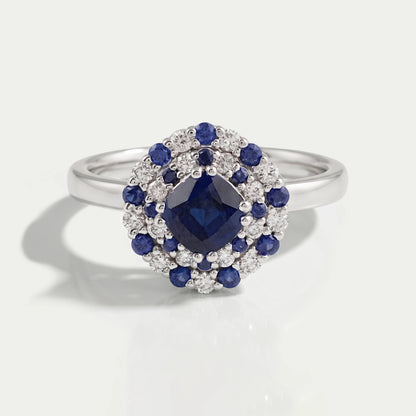 Cushion Sapphire Double Halo Engagement Ring 