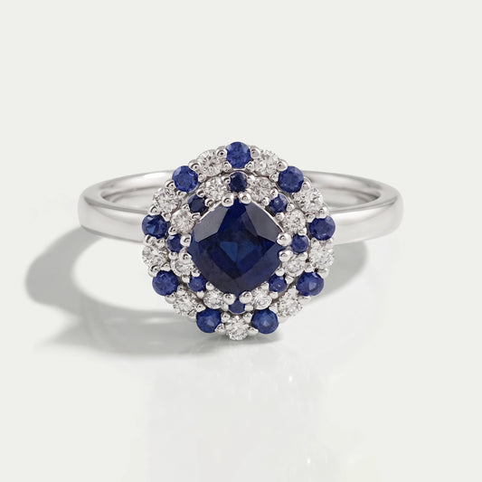 Cushion Sapphire Double Halo Engagement Ring 