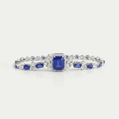 Sapphire Emerald Cut Halo Diamond Bracelet 