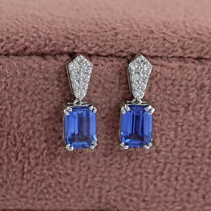 Sapphire Emerald Gemstone Round Diamond Drop Earrings