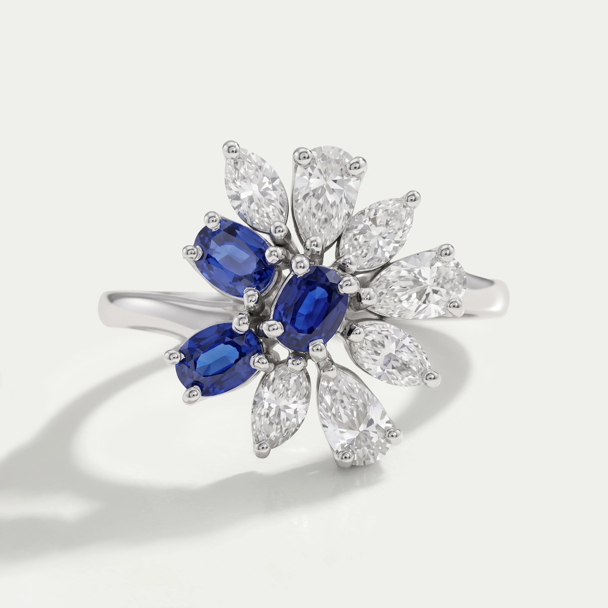 Blue Sapphire Oval Cut Gemstone Cluster Ring 