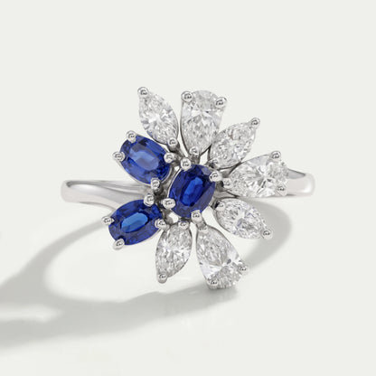 Blue Sapphire Oval Cut Gemstone Cluster Ring 