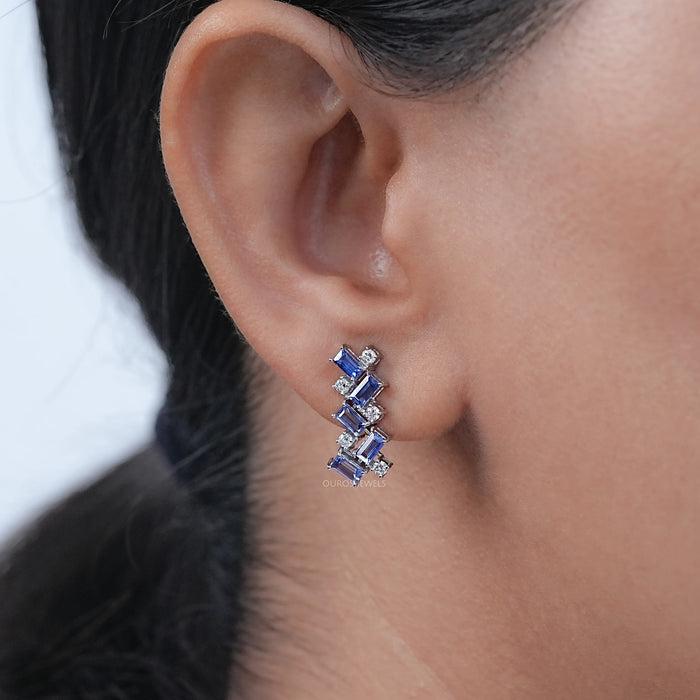 Sapphire Baguette And Round Diamond Drop Earrings