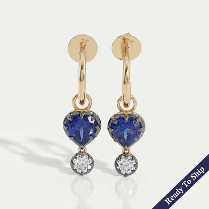Sapphire Heart And Round Cut Black Coating Huggie Drop Earrings