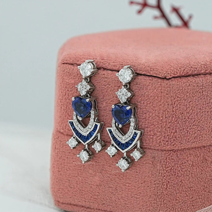 Sapphire Heart And Round Cut Cluster Drop Dangle Earrings