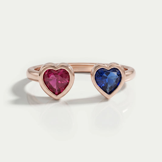 Sapphire And Ruby With Heart Open Cuff Ring Rings