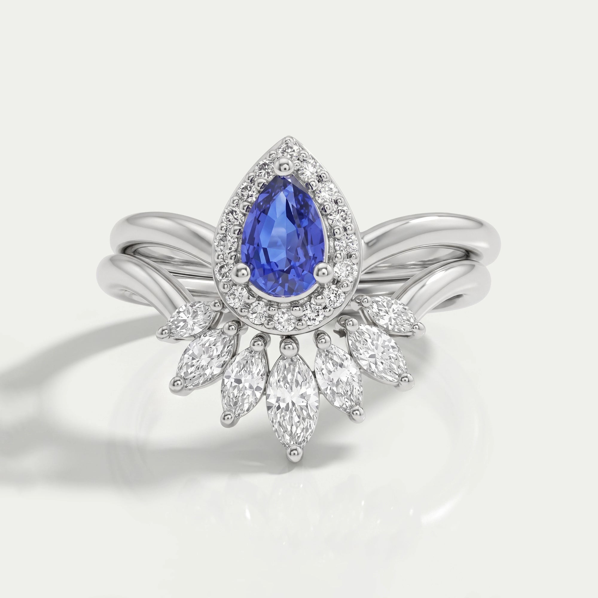 Sapphire Pear Carved Wedding Ring 